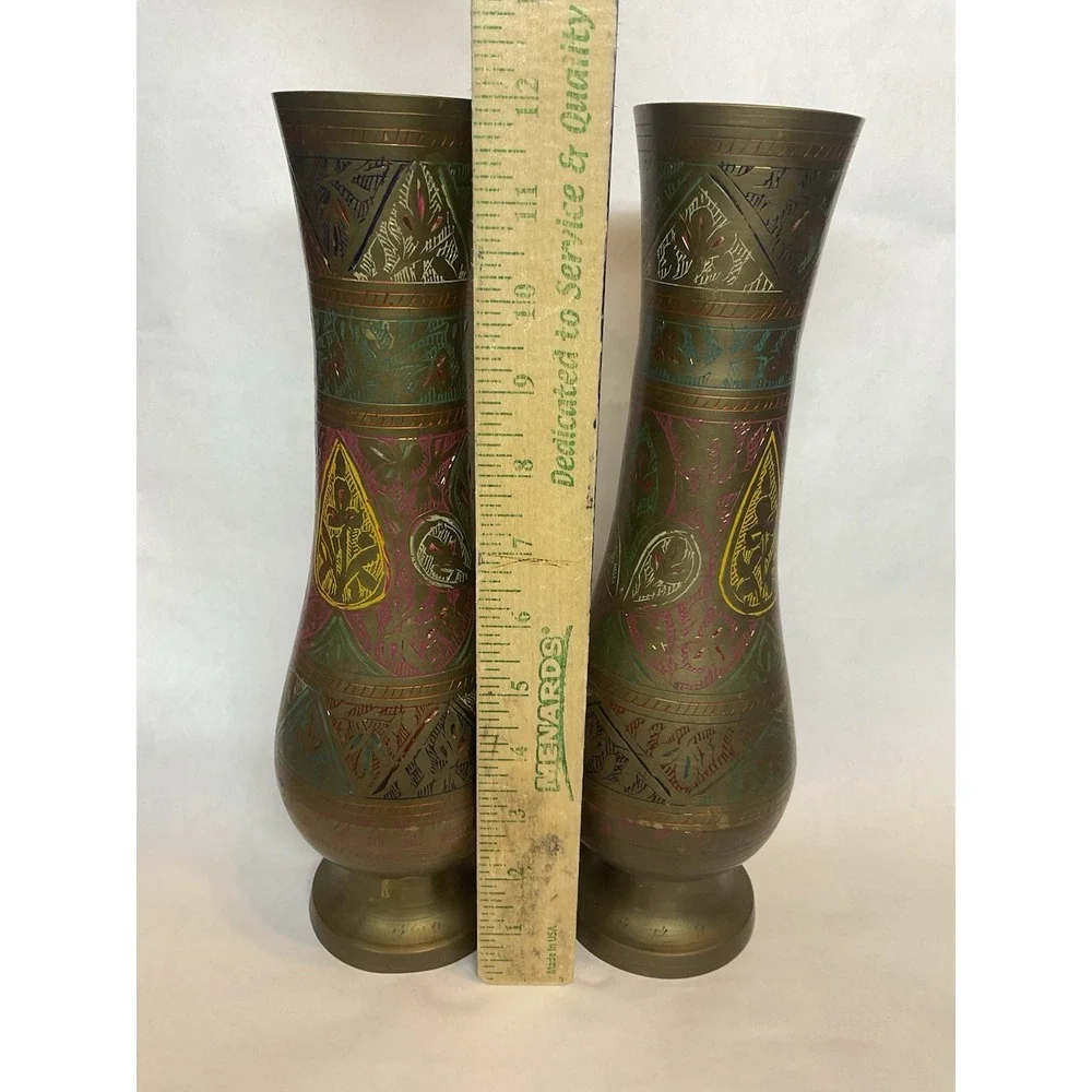 Vtg Brass Hand Etched Multicolored Flower Bud Vases Set of 2 Made In India 12